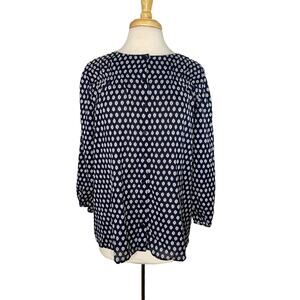 TALBOTS Blue White Geometric Embroidered Woven Cotton Button Up Blouse Medium